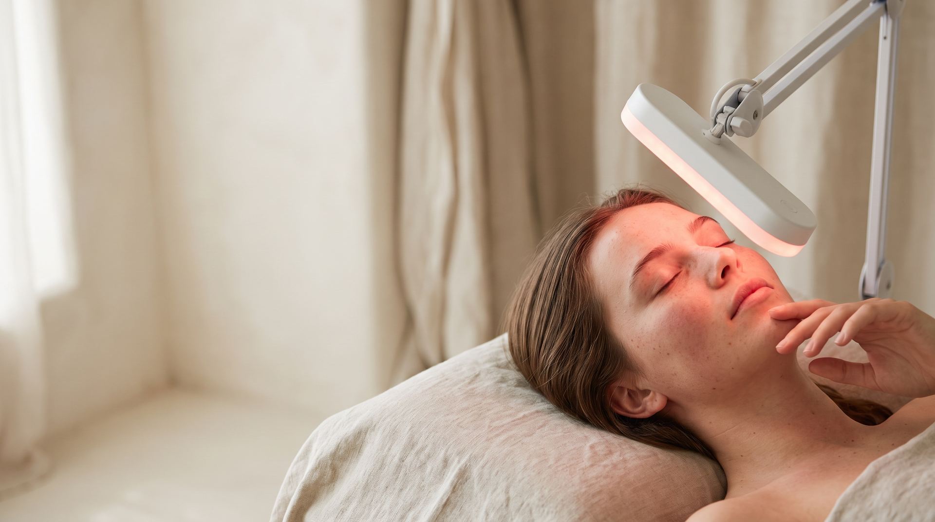 A woman relaxing with her eyes closed under a red LED light therapy lamp