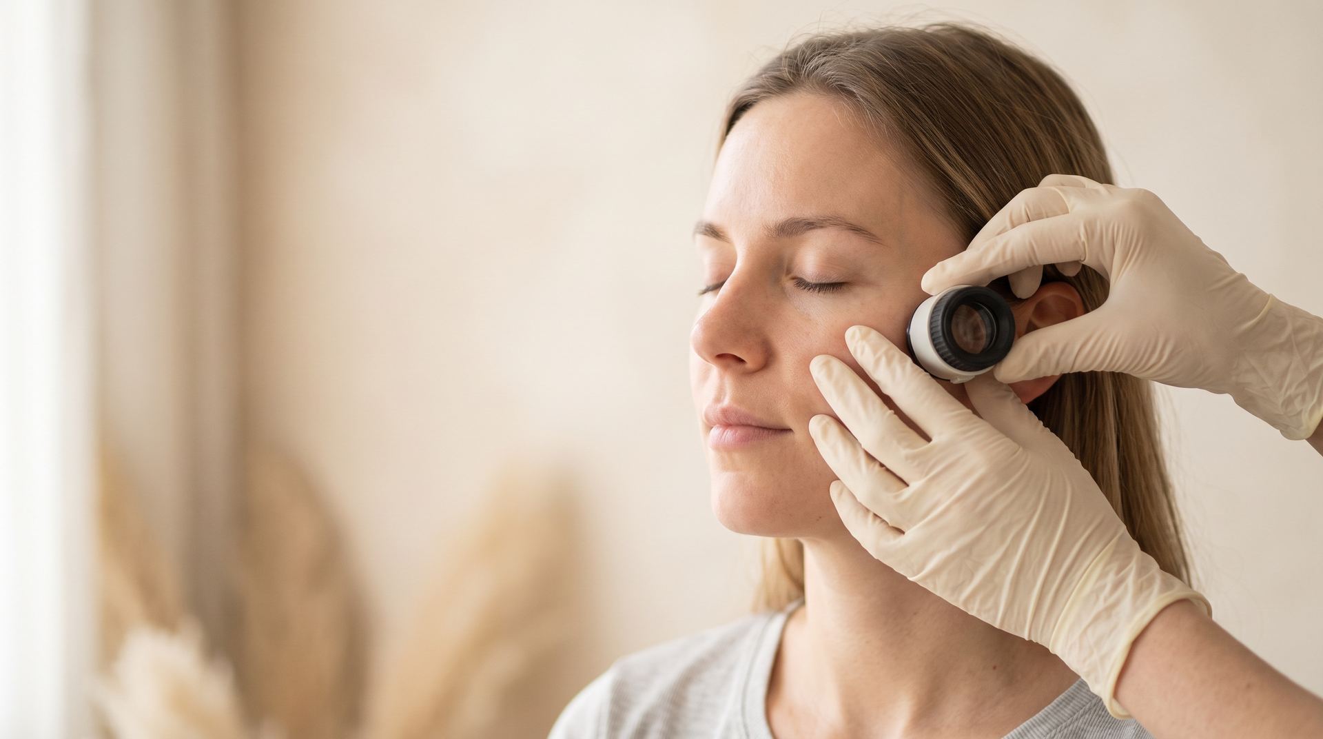A clinician's gloved hands examining a woman's cheek with a skin scope