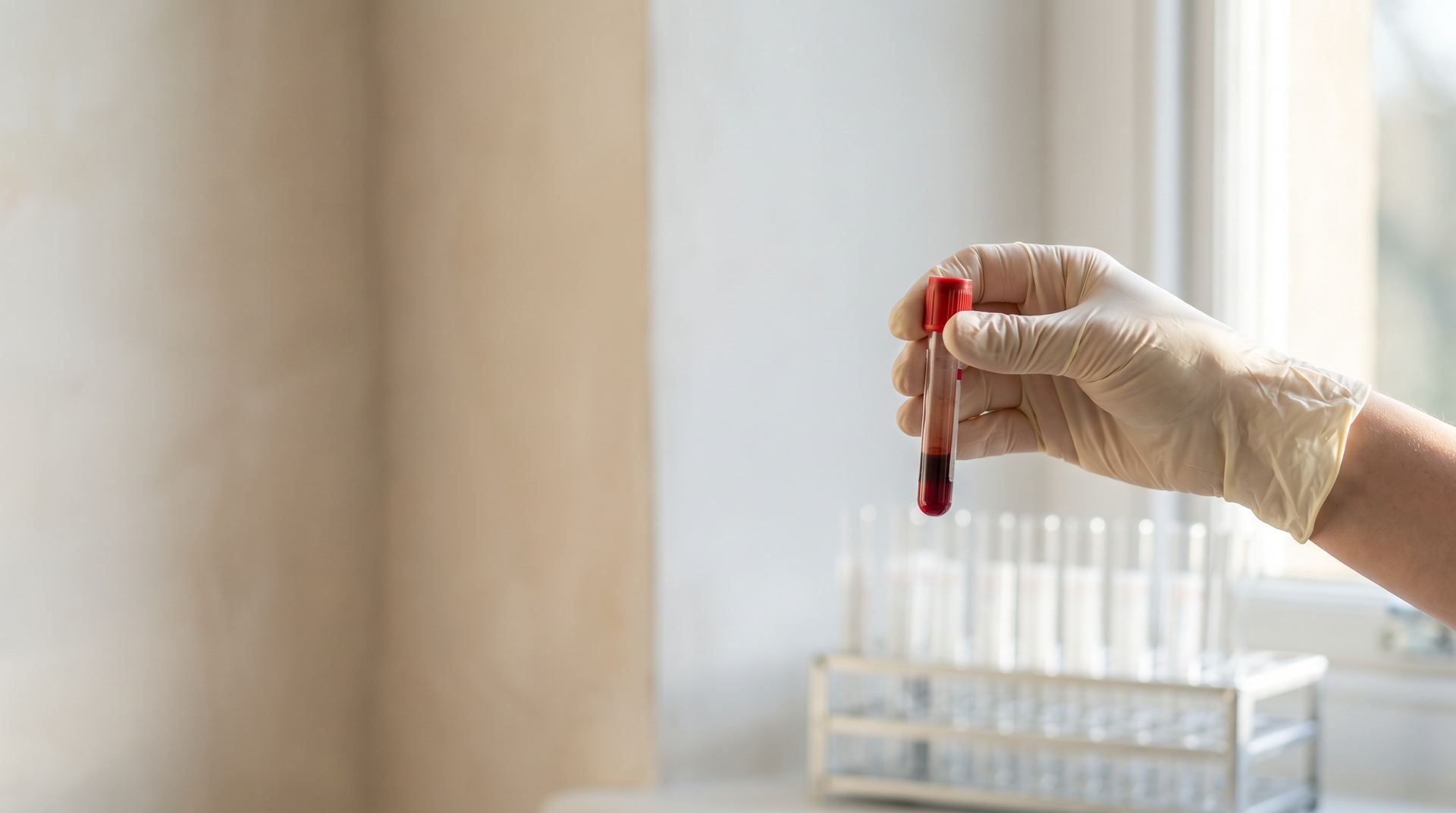 A gloved hand holding a blood sample tube up to the light
