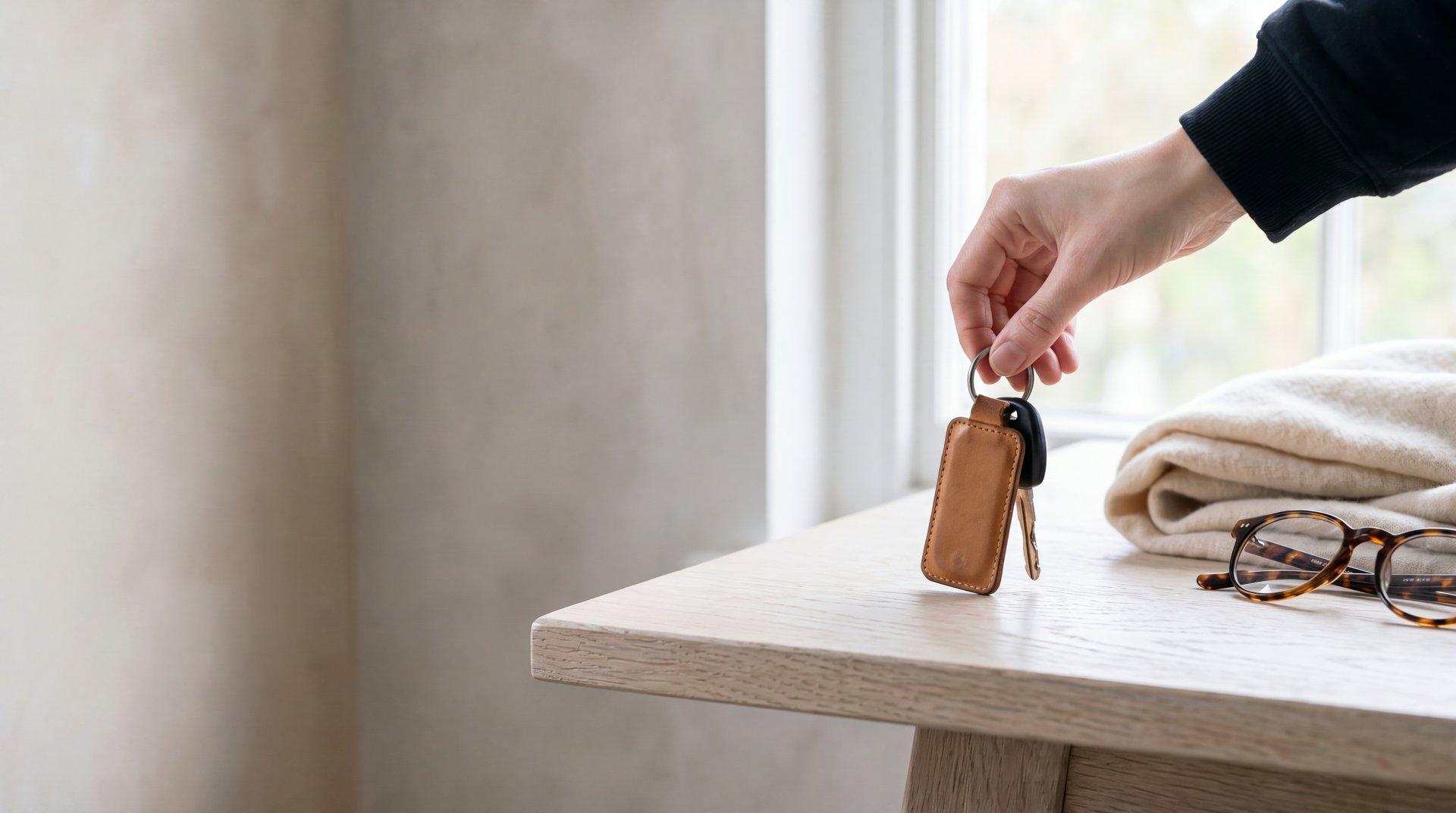 A hand lifting a set of car keys from an oak table by a window