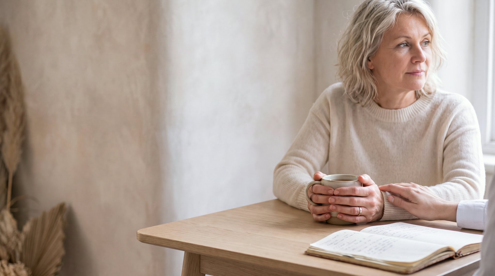 A woman holding a cup of tea at a consultation, a doctor's hand resting beside hers