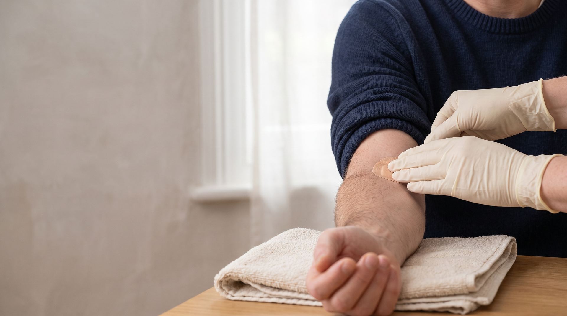 A clinician's gloved hands pressing a plaster onto a man's arm after a blood test
