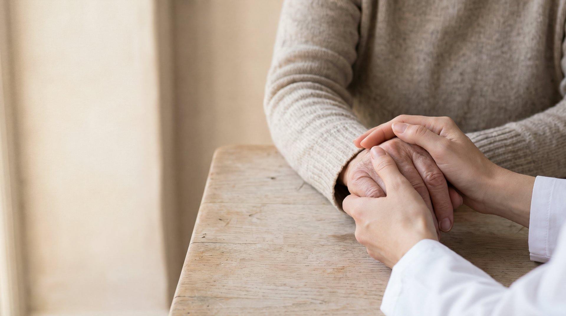 A clinician's hands holding a patient's hands on an oak table