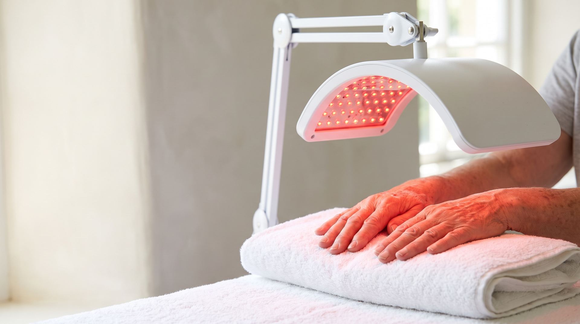 A patient's hands resting on a towel under a curved red LED treatment light