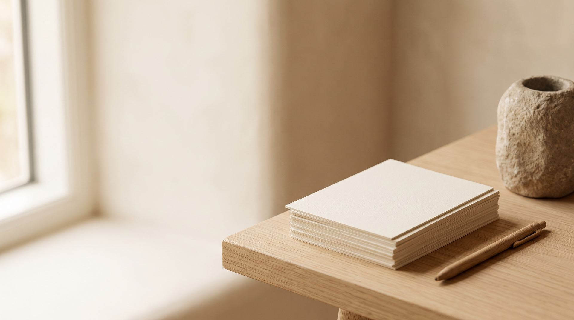 A stack of plain cream cards, a pen and a stone vase on an oak desk