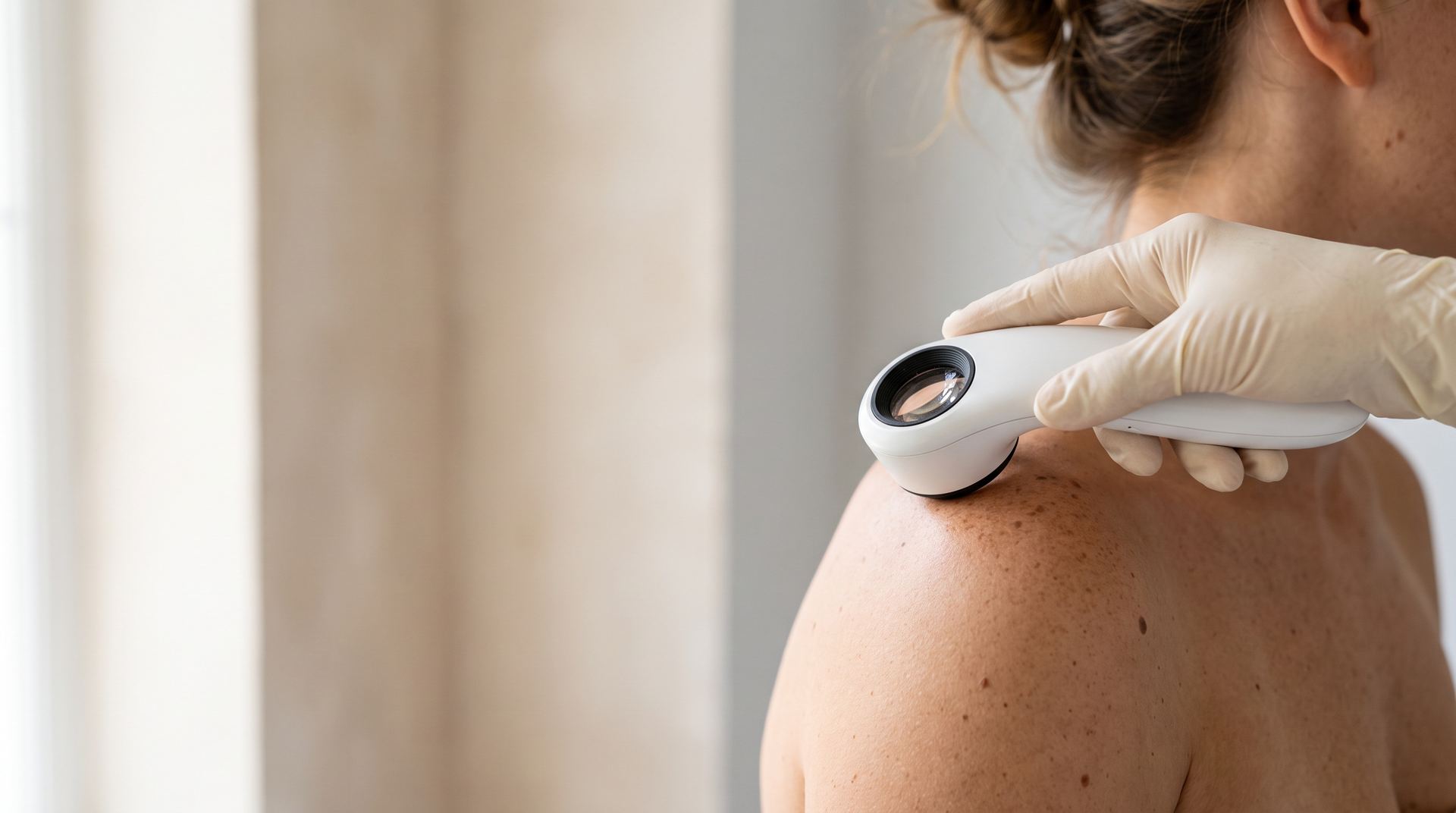 A clinician's gloved hand holding a dermatoscope to a freckled shoulder