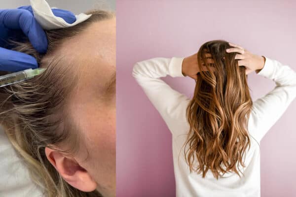 A person receiving a PRP treatment on the scalp at Meyer Clinic is shown next to an image of someone with long, wavy hair, hands on their head. - Meyer Clinic