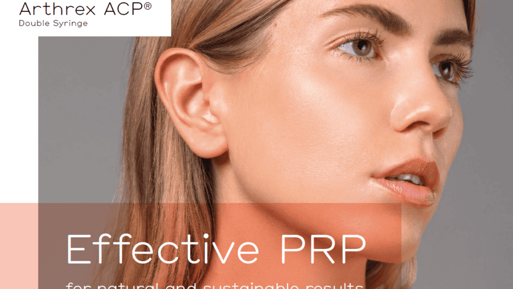 Close-up of a woman with clear skin, looking to the side. Text reads “Arthrex ACP Double Syringe” and “Effective PRP for natural and sustainable results.” Discover the latest news in skincare this December with our advanced PRP treatment. - Meyer Clinic