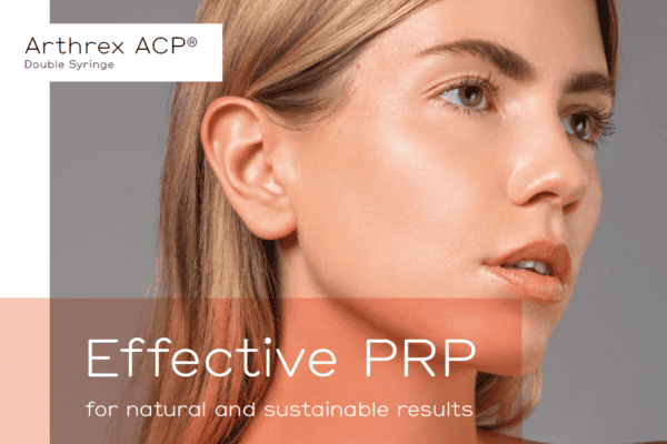 Close-up of a woman with clear skin, looking to the side. Text reads “Arthrex ACP Double Syringe” and “Effective PRP for natural and sustainable results.” Discover the latest news in skincare this December with our advanced PRP treatment. - Meyer Clinic
