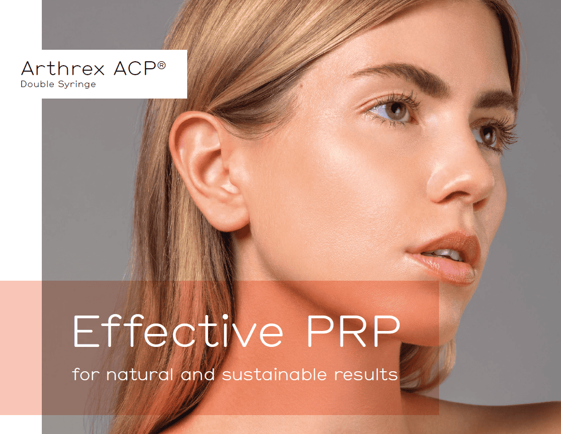 Close-up of a woman with clear skin, looking to the side. Text reads “Arthrex ACP Double Syringe” and “Effective PRP for natural and sustainable results.” Discover the latest news in skincare this December with our advanced PRP treatment. - Meyer Clinic