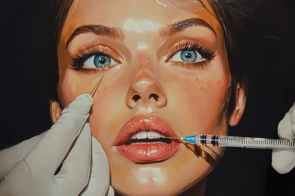 A close-up of a woman’s face with blue eyes, receiving cosmetic treatments. Two gloved hands are seen with a needle and syringe near her nose and lips. - Meyer Clinic